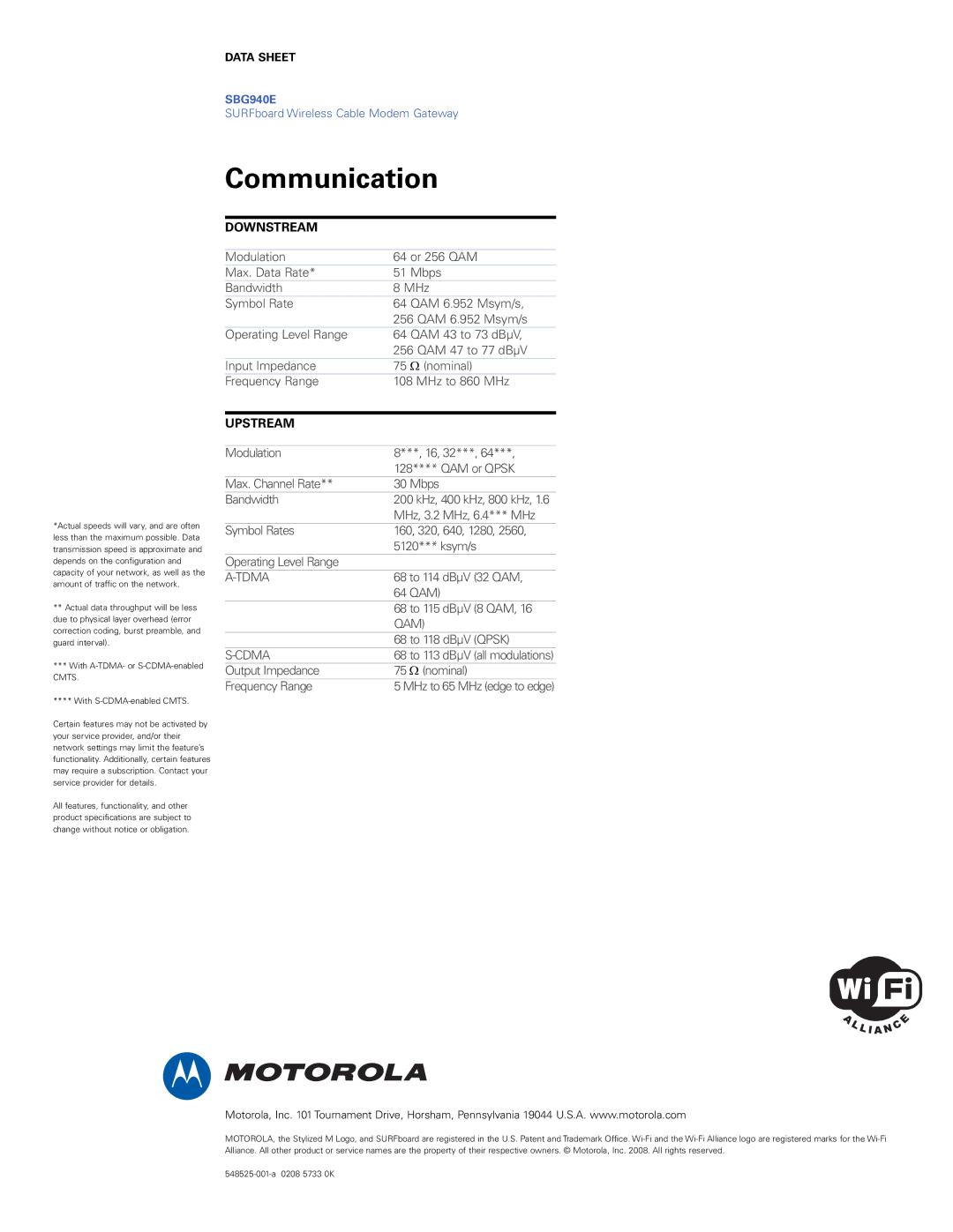 Motorola SBG940E manual Communication, Downstream, Upstream 