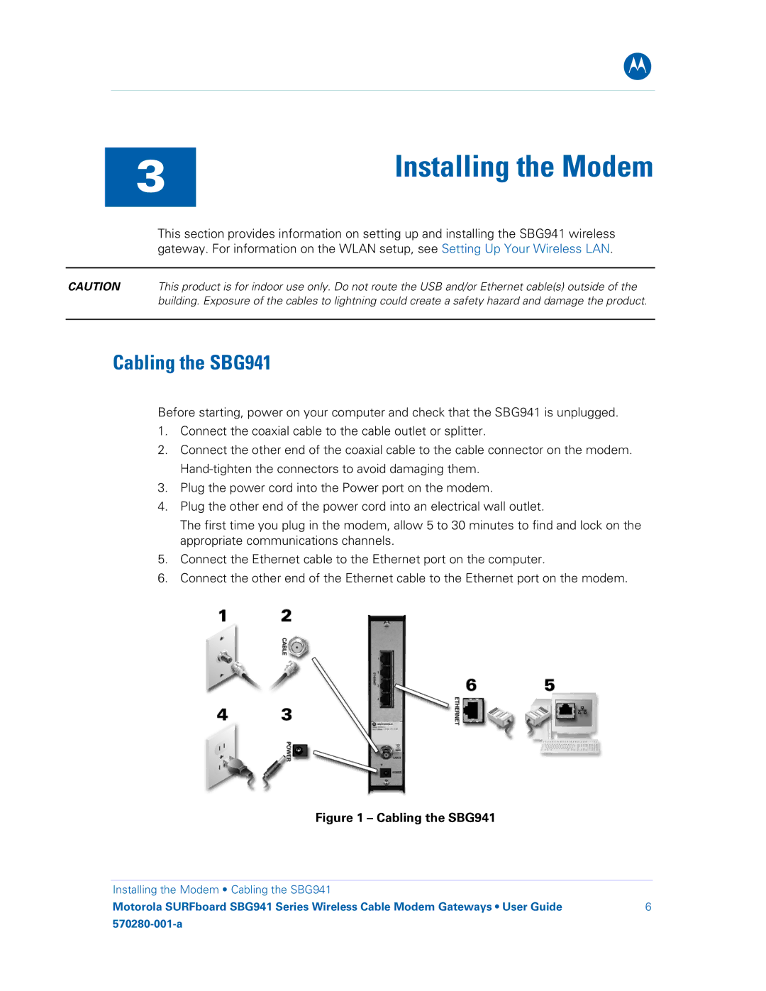 Motorola 570280-001-a, SBG941UE, SBG941E manual Cabling the SBG941 