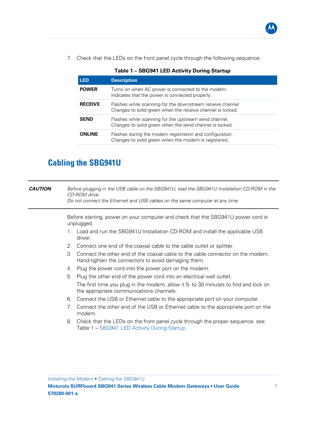 Motorola SBG941E, SBG941UE, 570280-001-a manual Cabling the SBG941U, SBG941 LED Activity During Startup 