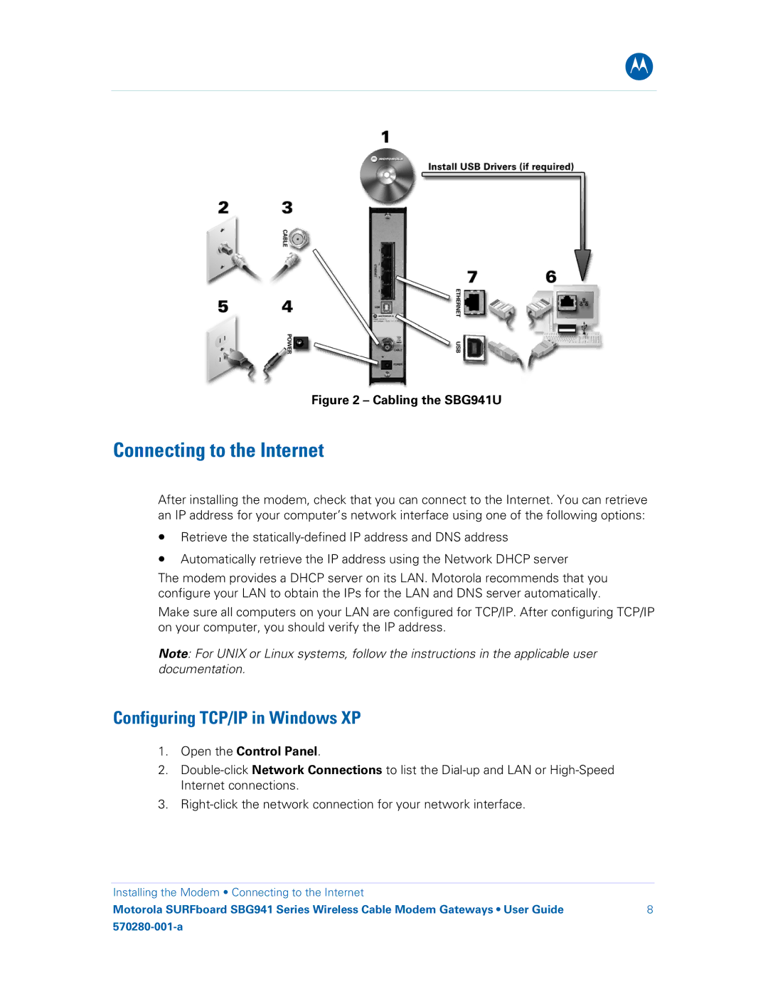 Motorola SBG941UE, 570280-001-a manual Connecting to the Internet, Configuring TCP/IP in Windows XP, Open the Control Panel 