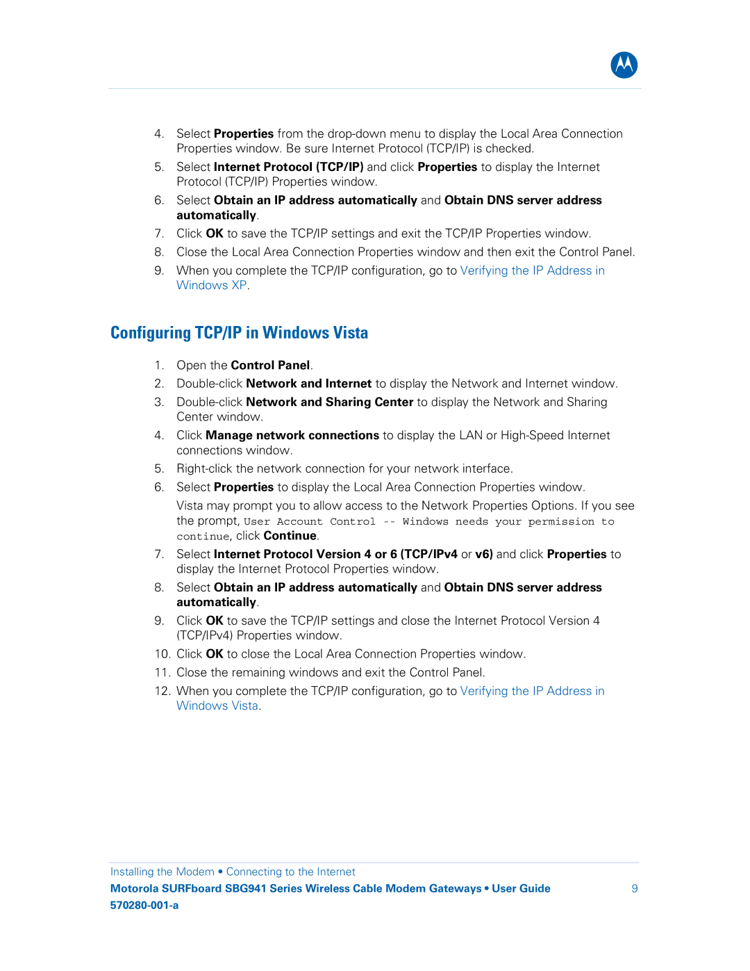 Motorola SBG941UE, 570280-001-a, SBG941E manual Configuring TCP/IP in Windows Vista 