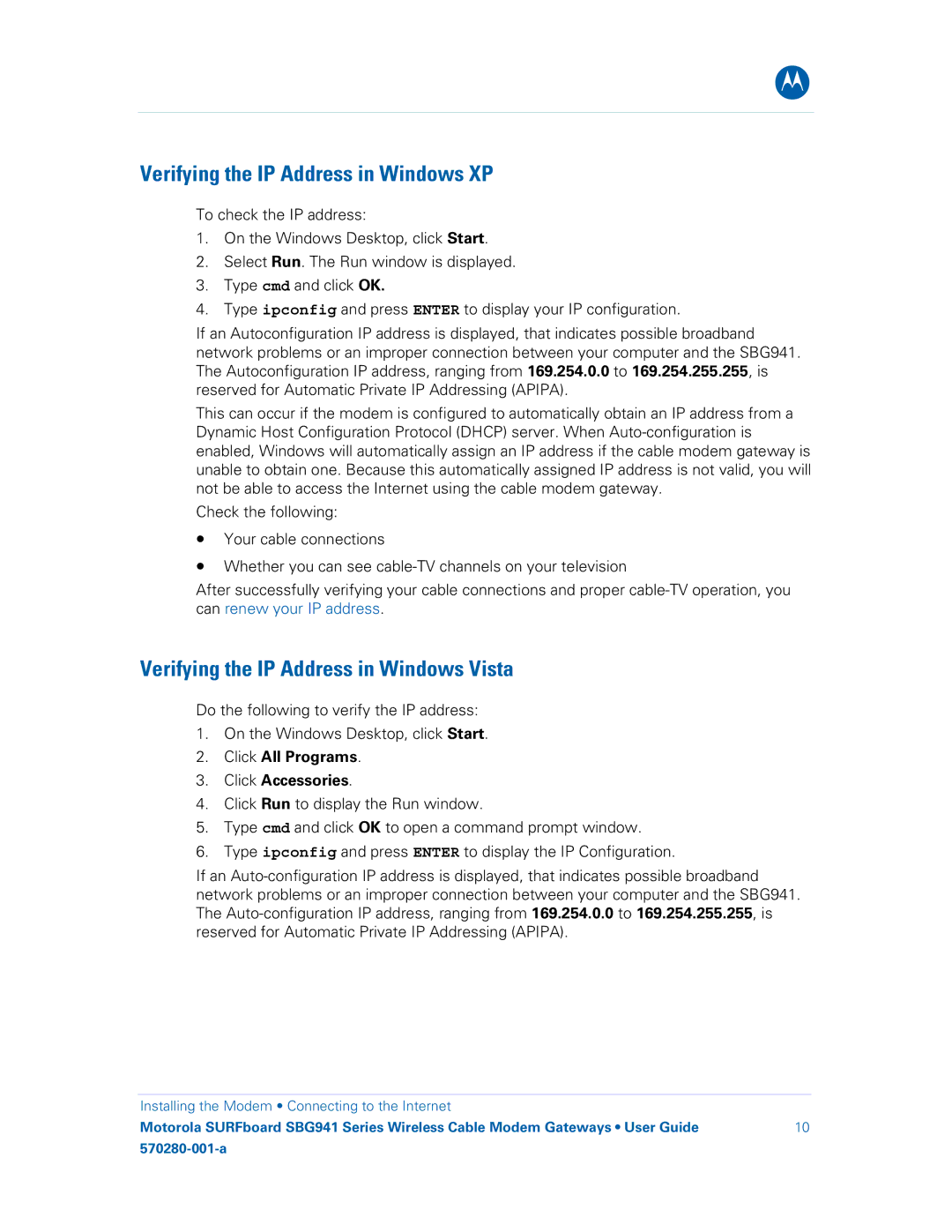 Motorola 570280-001-a, SBG941UE, SBG941E Verifying the IP Address in Windows XP, Verifying the IP Address in Windows Vista 