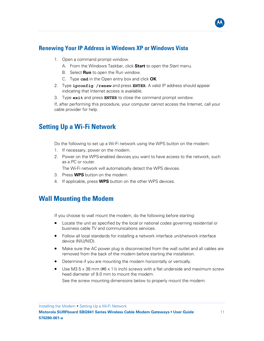 Motorola SBG941E, SBG941UE, 570280-001-a manual Setting Up a Wi-Fi Network, Wall Mounting the Modem 