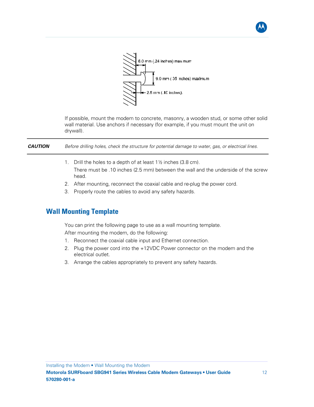 Motorola SBG941UE, 570280-001-a, SBG941E manual Wall Mounting Template 