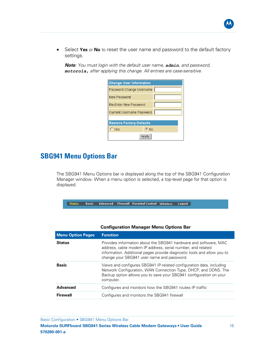 Motorola SBG941UE, 570280-001-a, SBG941E manual SBG941 Menu Options Bar, Configuration Manager Menu Options Bar 