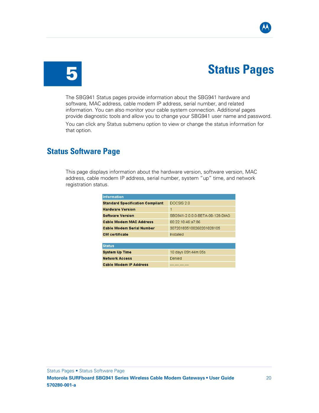 Motorola SBG941UE, 570280-001-a, SBG941E manual Status Pages, Status Software 