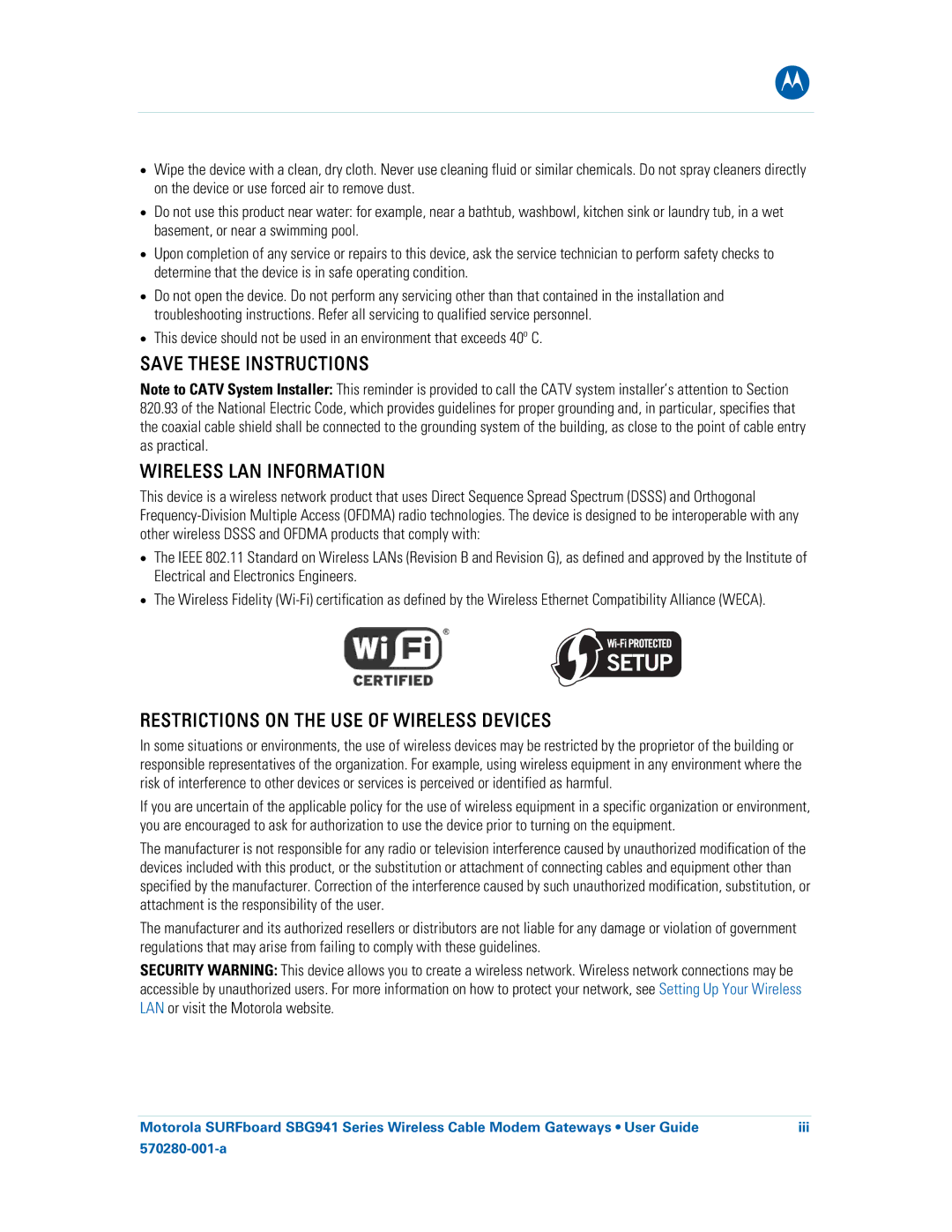 Motorola SBG941E, SBG941UE, 570280-001-a manual Wireless LAN Information 