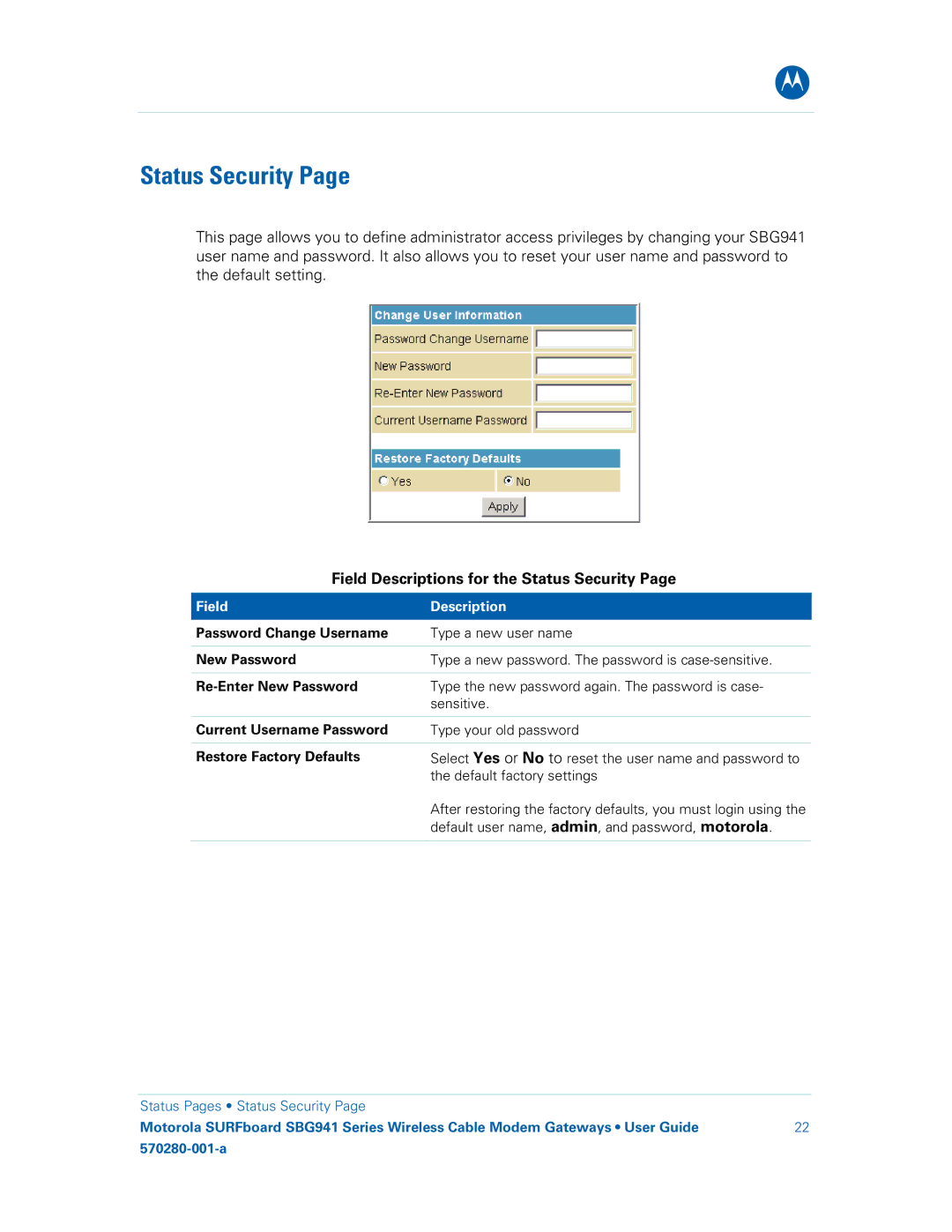 Motorola 570280-001-a, SBG941UE, SBG941E manual Field Descriptions for the Status Security 