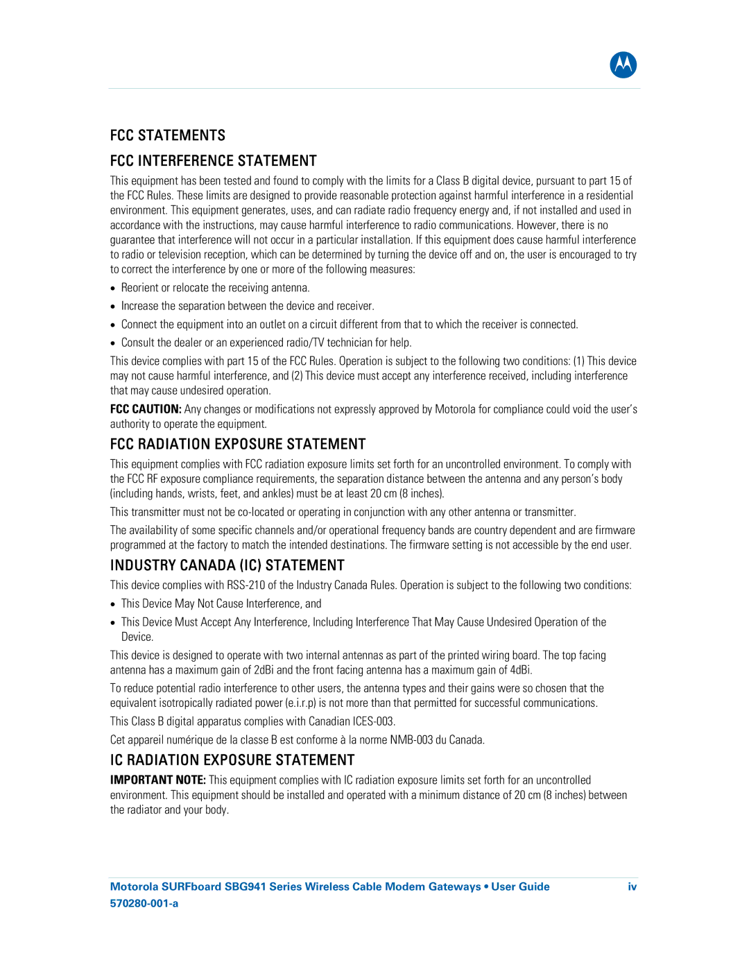 Motorola SBG941UE, 570280-001-a, SBG941E manual FCC Statements FCC Interference Statement 