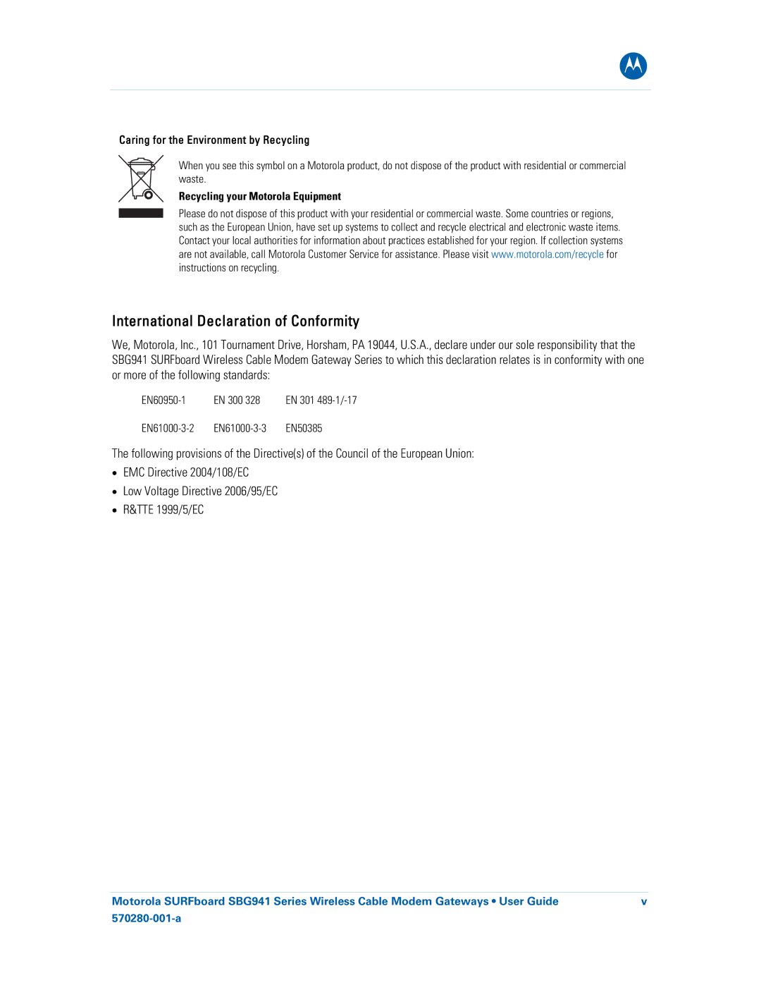 Motorola SBG941UE, 570280-001-a, SBG941E manual Caring for the Environment by Recycling, Recycling your Motorola Equipment 