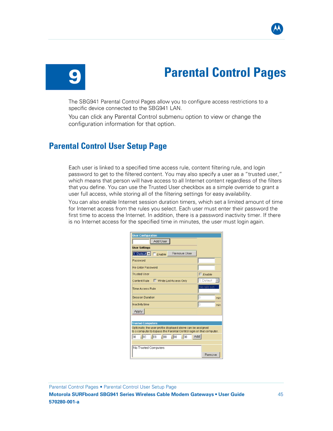 Motorola SBG941UE, 570280-001-a, SBG941E manual Parental Control Pages, Parental Control User Setup 