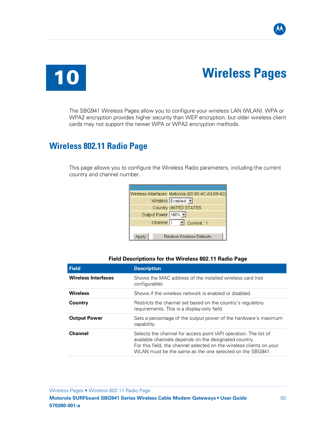 Motorola 570280-001-a, SBG941UE, SBG941E manual Field Descriptions for the Wireless 802.11 Radio 