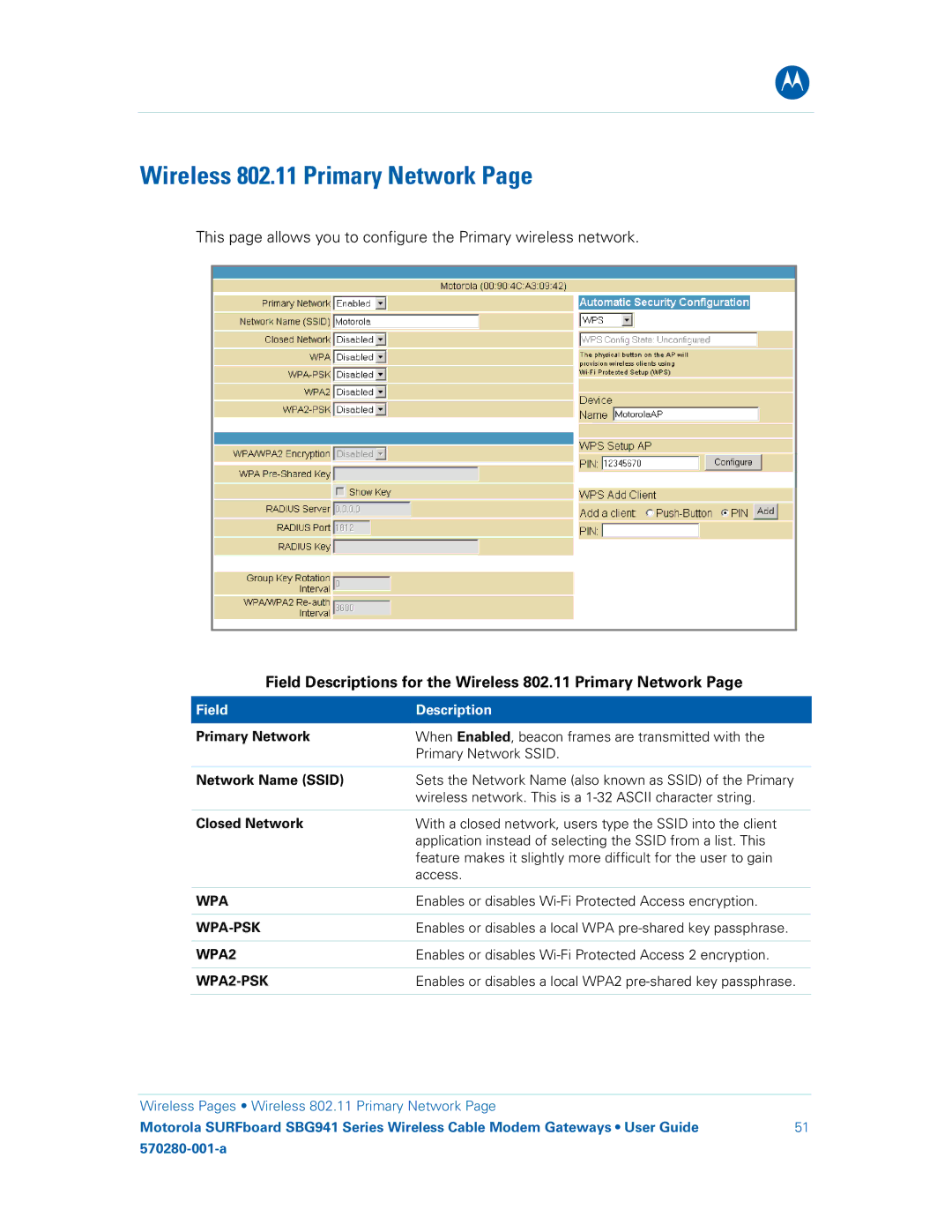 Motorola SBG941E manual Field Descriptions for the Wireless 802.11 Primary Network, Network Name Ssid, Closed Network 