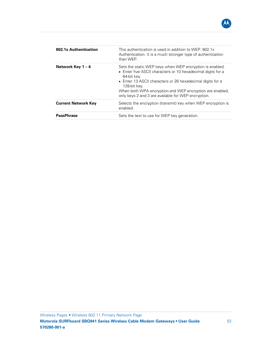 Motorola SBG941UE, 570280-001-a, SBG941E manual 802.1x Authentication, Network Key 1, Current Network Key, PassPhrase 