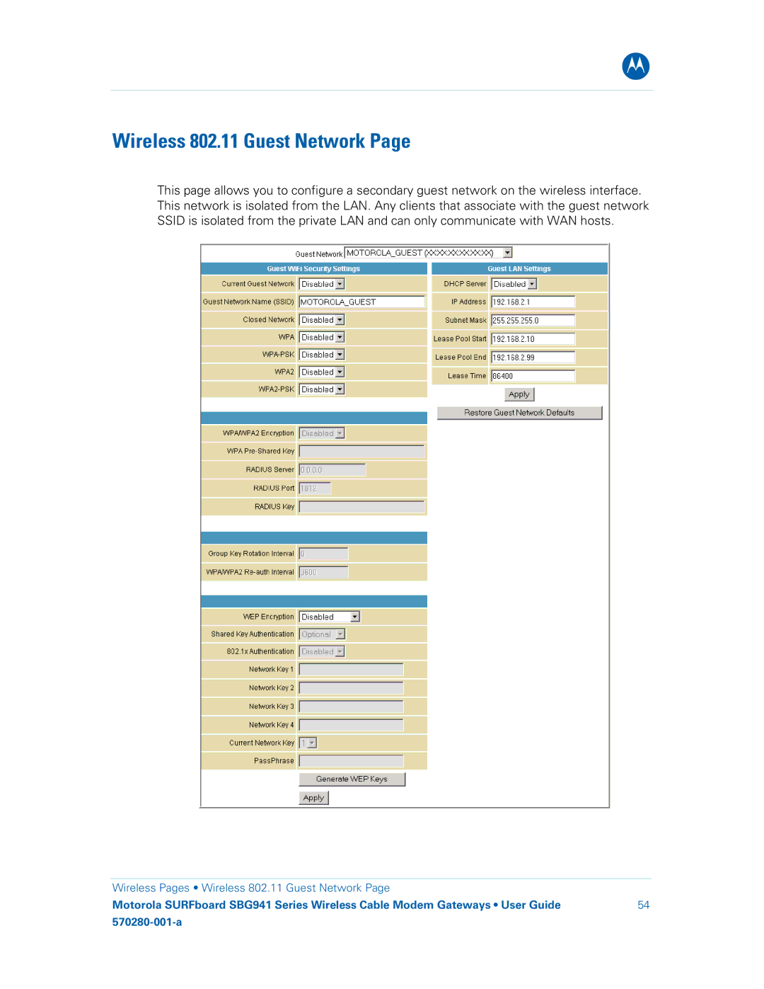 Motorola 570280-001-a, SBG941UE, SBG941E manual Wireless 802.11 Guest Network 