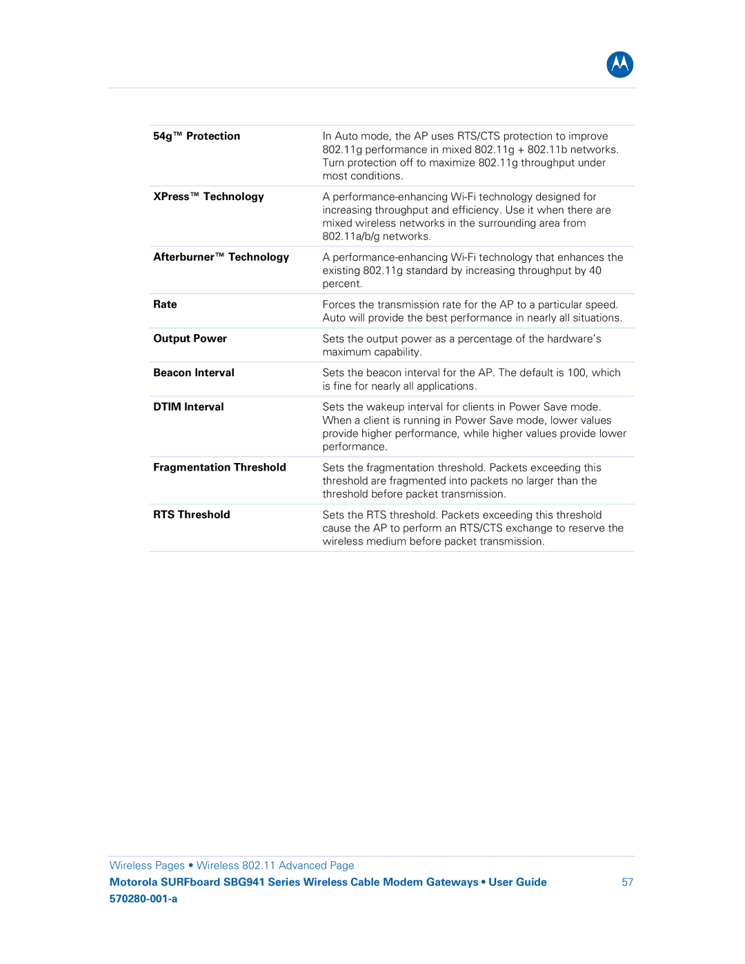 Motorola SBG941UE manual 54g Protection, XPress Technology, Afterburner Technology, Rate, Beacon Interval, Dtim Interval 