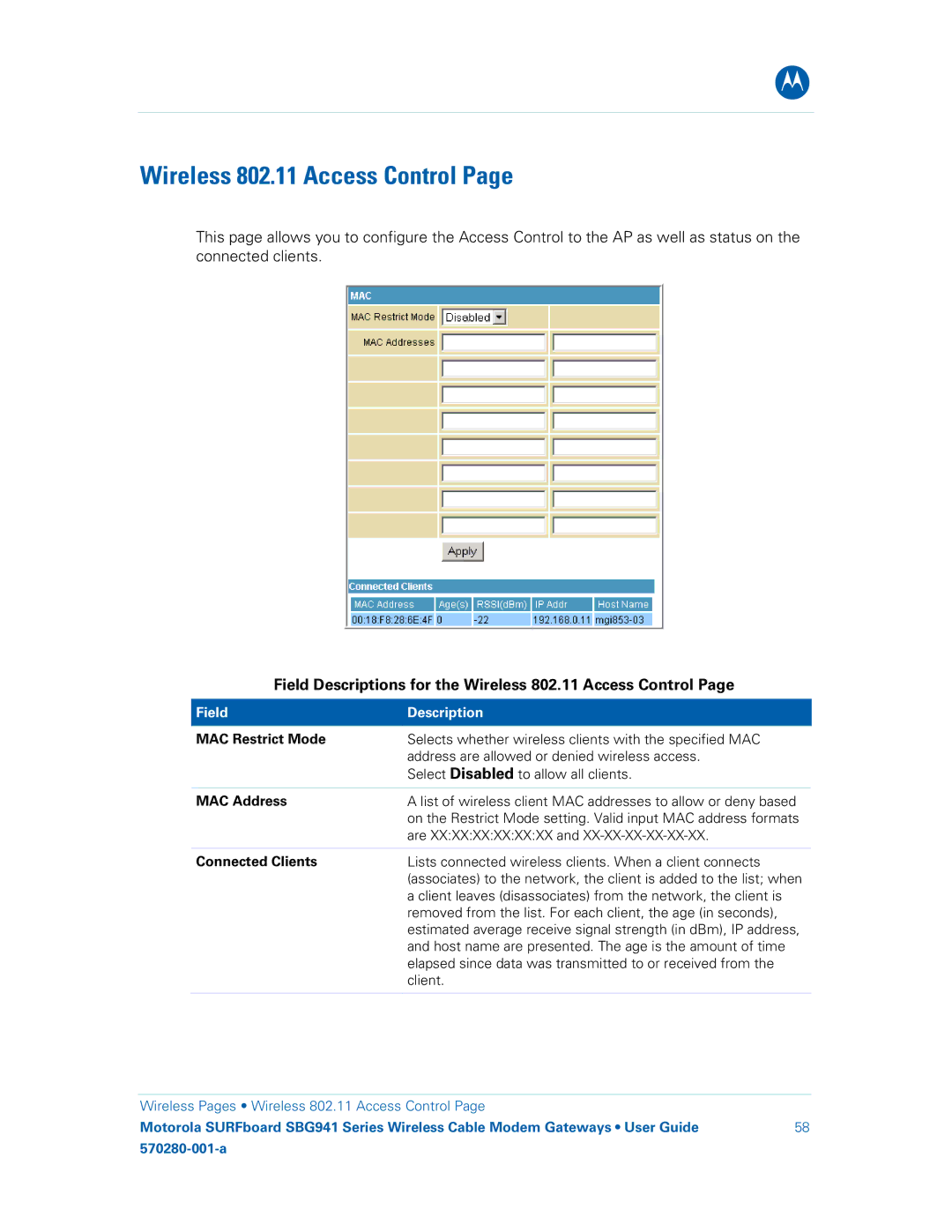 Motorola 570280-001-a Field Descriptions for the Wireless 802.11 Access Control, MAC Restrict Mode, Connected Clients 