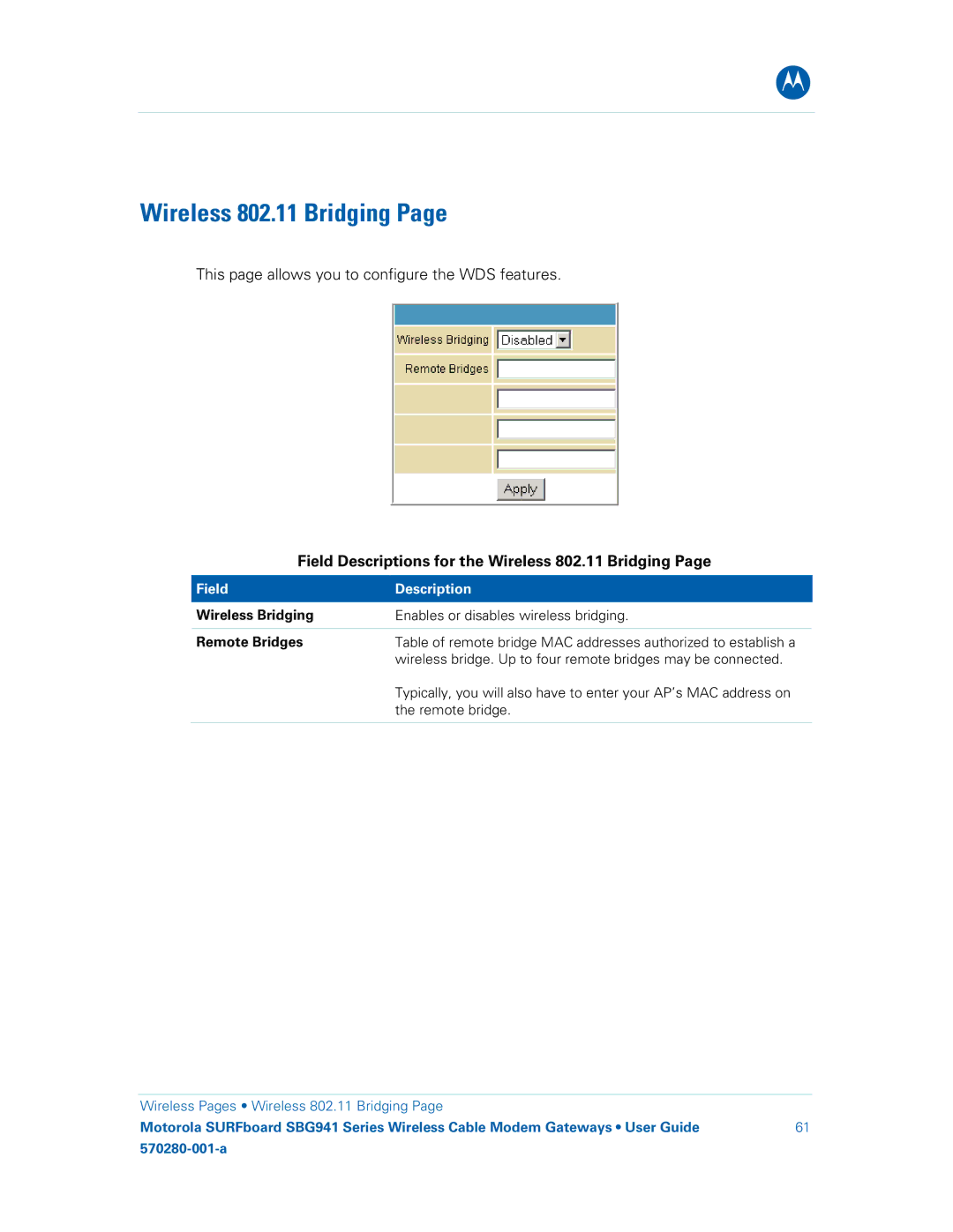 Motorola SBG941UE, SBG941E Field Descriptions for the Wireless 802.11 Bridging, Wireless Bridging, Remote Bridges 