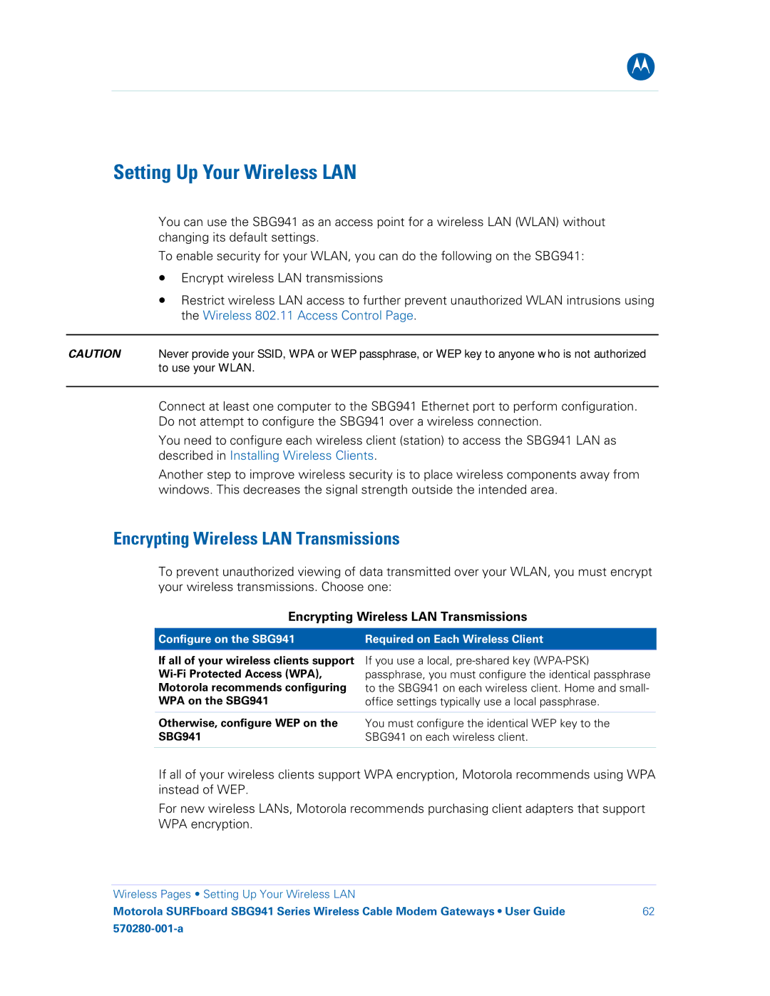 Motorola 570280-001-a Setting Up Your Wireless LAN, Encrypting Wireless LAN Transmissions, Motorola recommends configuring 