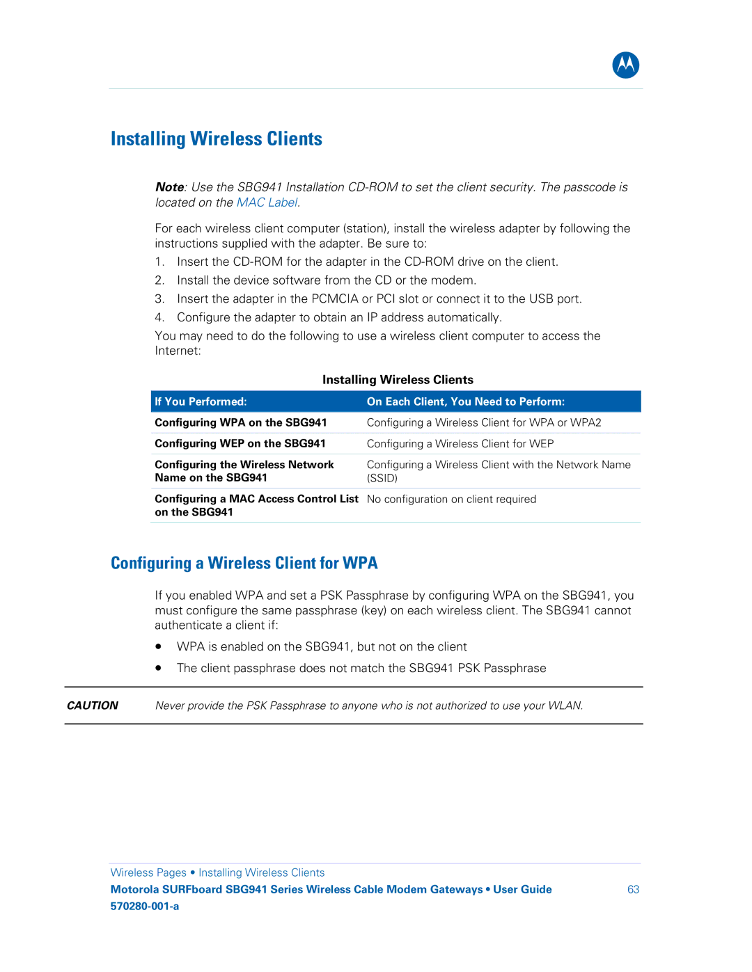 Motorola SBG941E, SBG941UE, 570280-001-a manual Installing Wireless Clients, Configuring a Wireless Client for WPA 