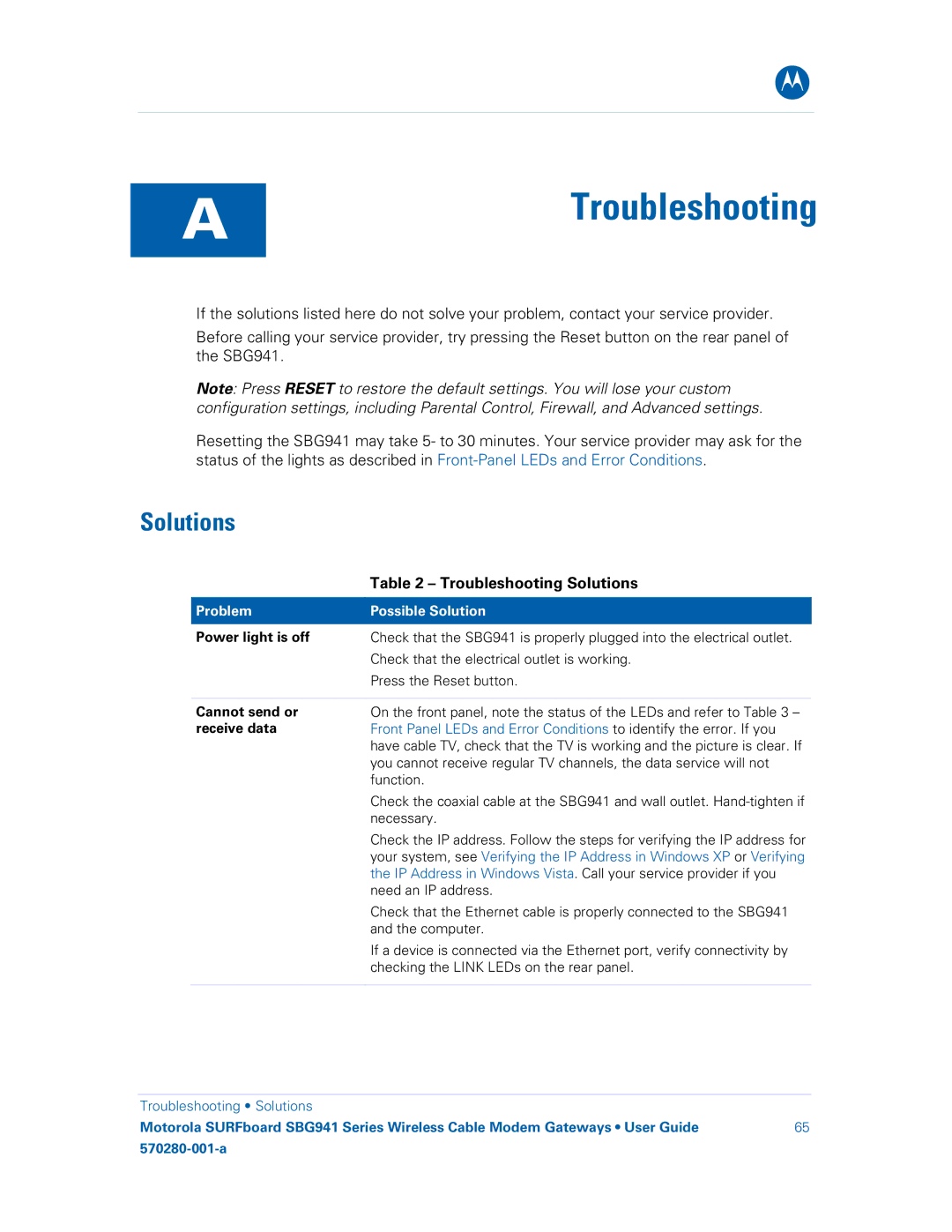 Motorola SBG941UE, 570280-001-a, SBG941E Troubleshooting Solutions, Power light is off, Cannot send or, Receive data 