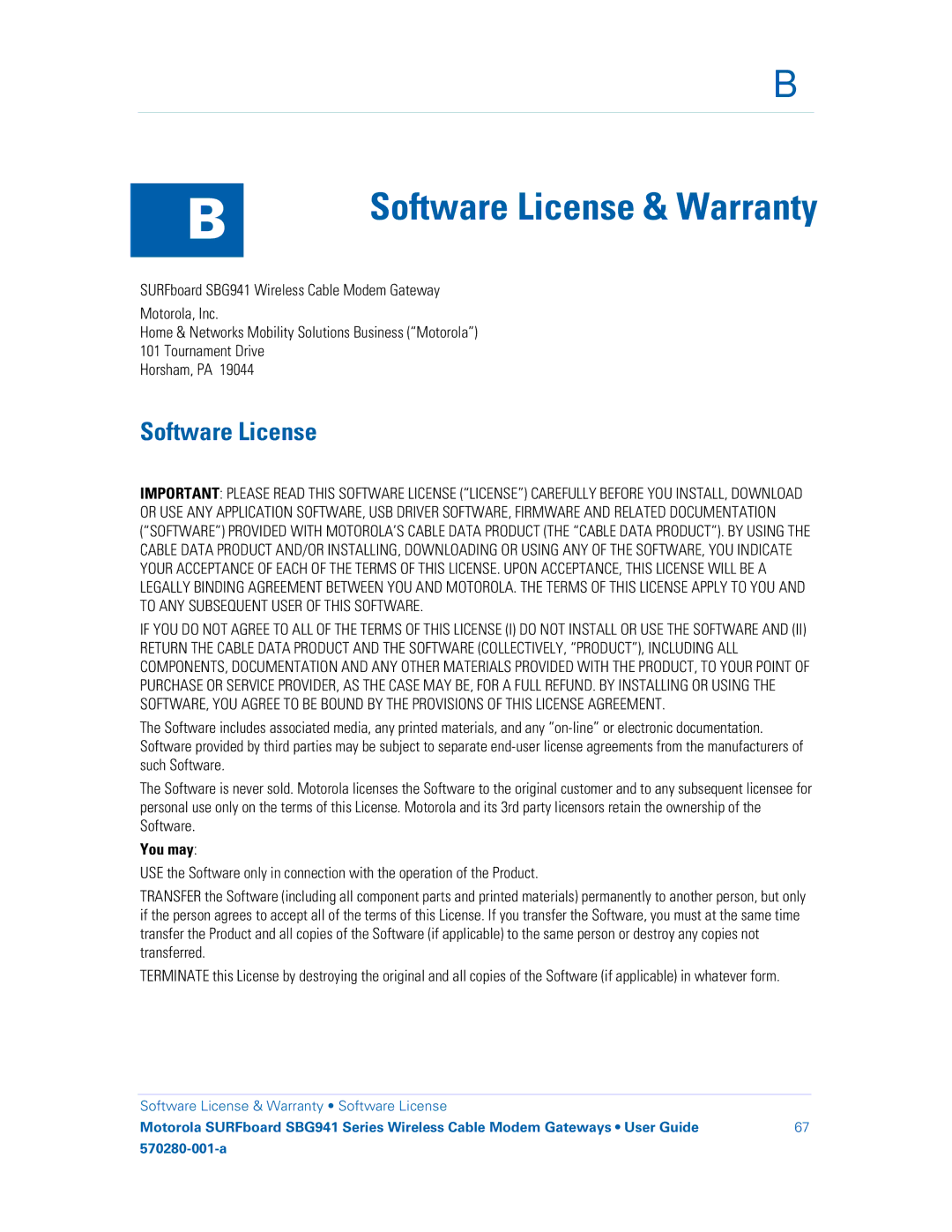 Motorola SBG941E, SBG941UE, 570280-001-a manual Software License, You may 