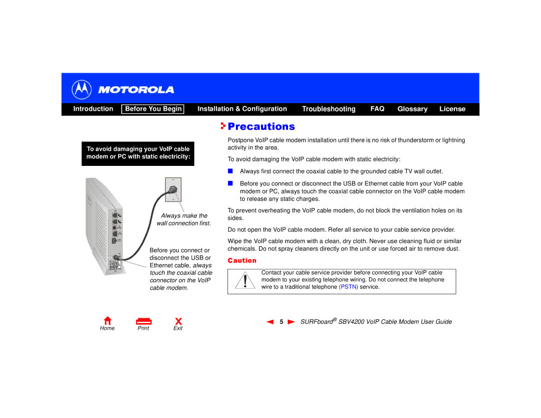 Motorola SBV4200 manual Precautions 