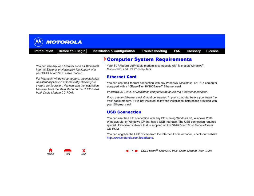 Motorola SBV4200 manual Computer System Requirements, Ethernet Card 