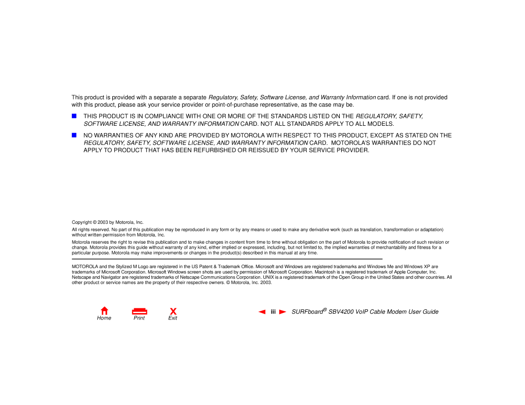 Motorola manual Iii SURFboard SBV4200 VoIP Cable Modem User Guide 