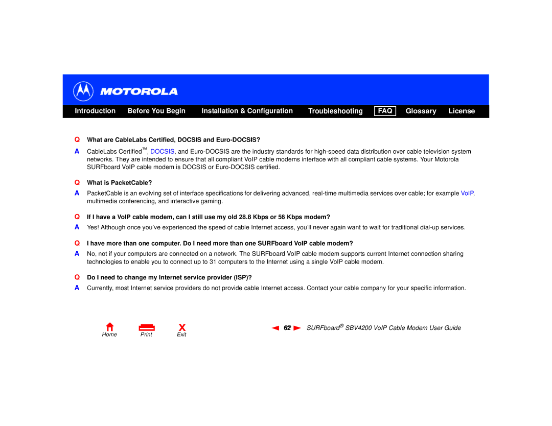 Motorola SBV4200 manual What are CableLabs Certified, Docsis and Euro-DOCSIS?, What is PacketCable? 