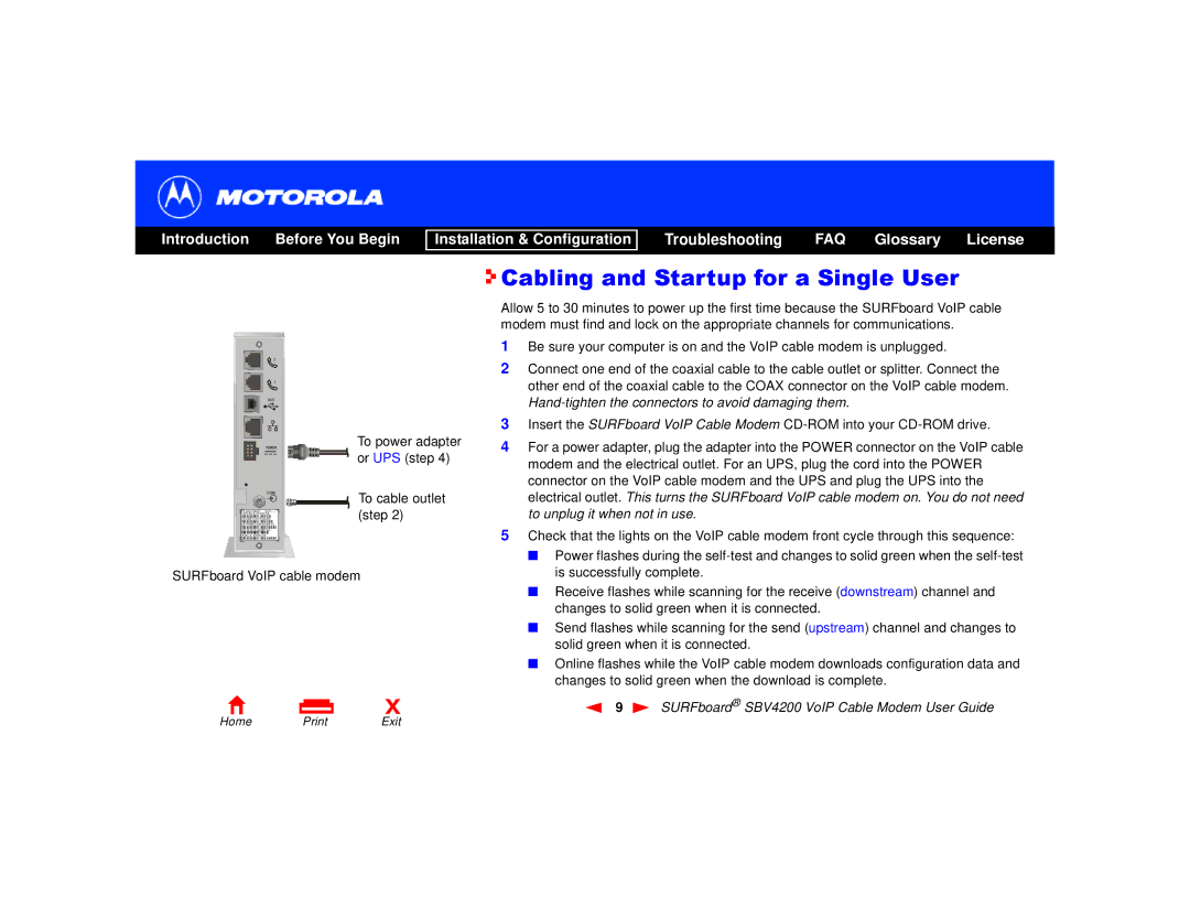 Motorola SBV4200 manual Cabling and Startup for a Single User, Step 