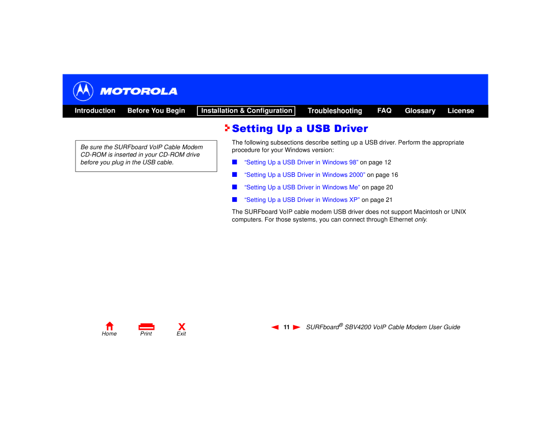 Motorola SBV4200 manual Setting Up a USB Driver 