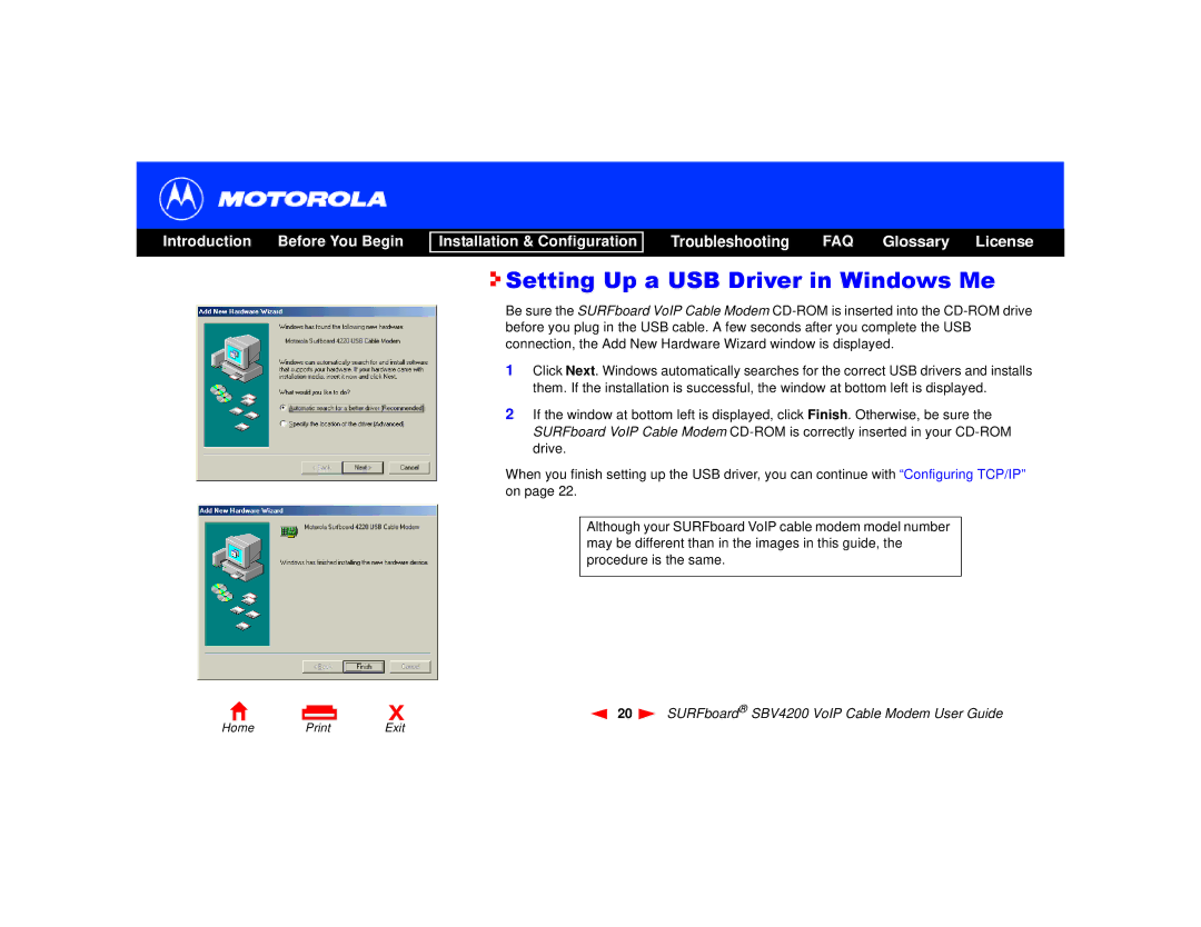 Motorola SBV4200 manual Setting Up a USB Driver in Windows Me 