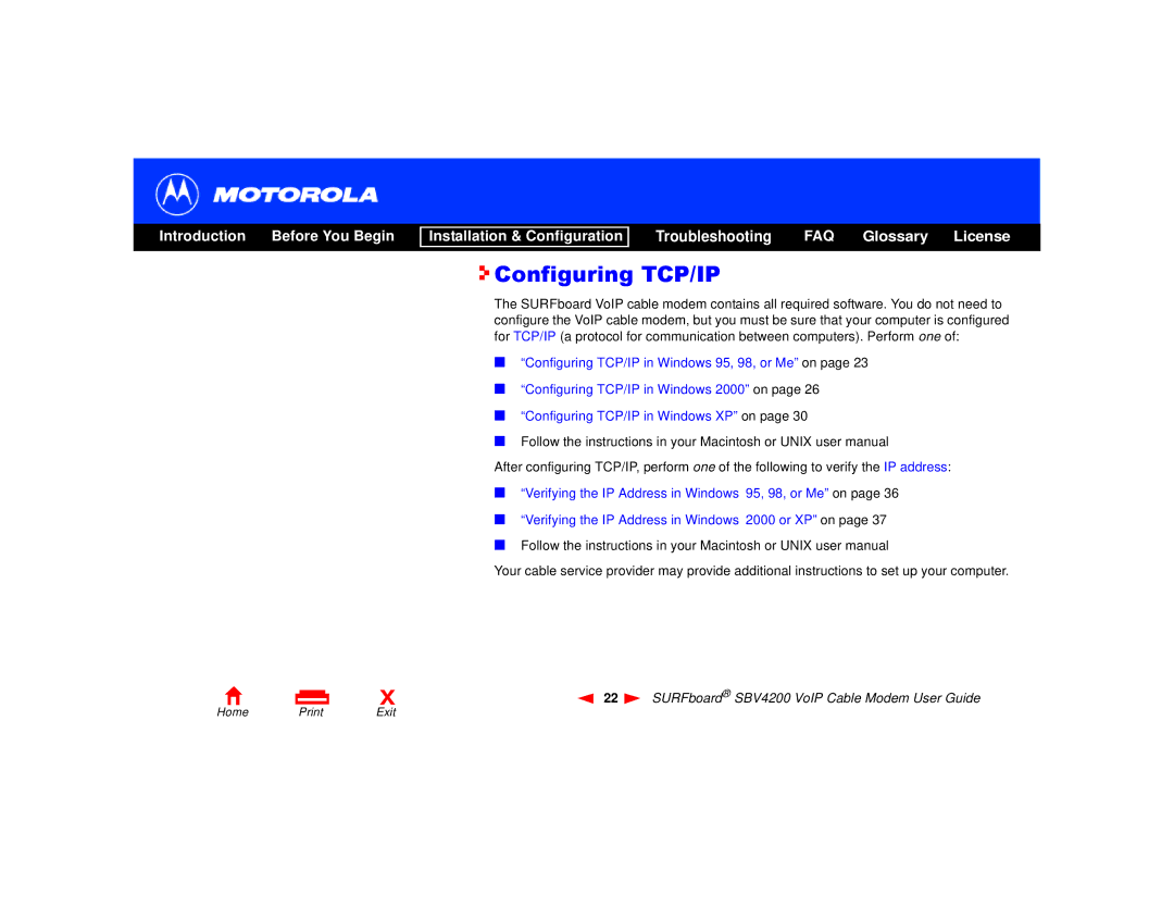 Motorola SBV4200 manual Configuring TCP/IP 