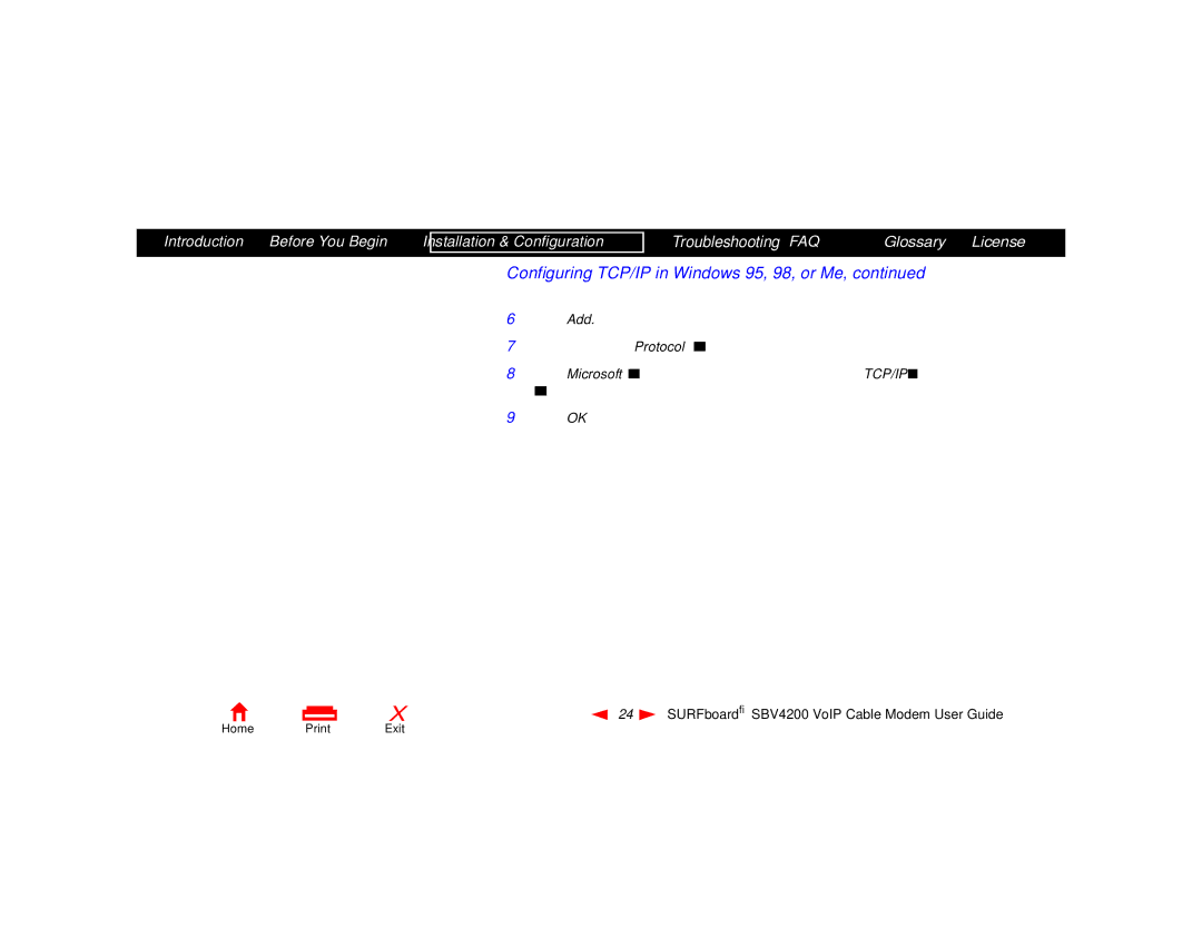 Motorola SBV4200 manual Configuring TCP/IP in Windows 95, 98, or Me 