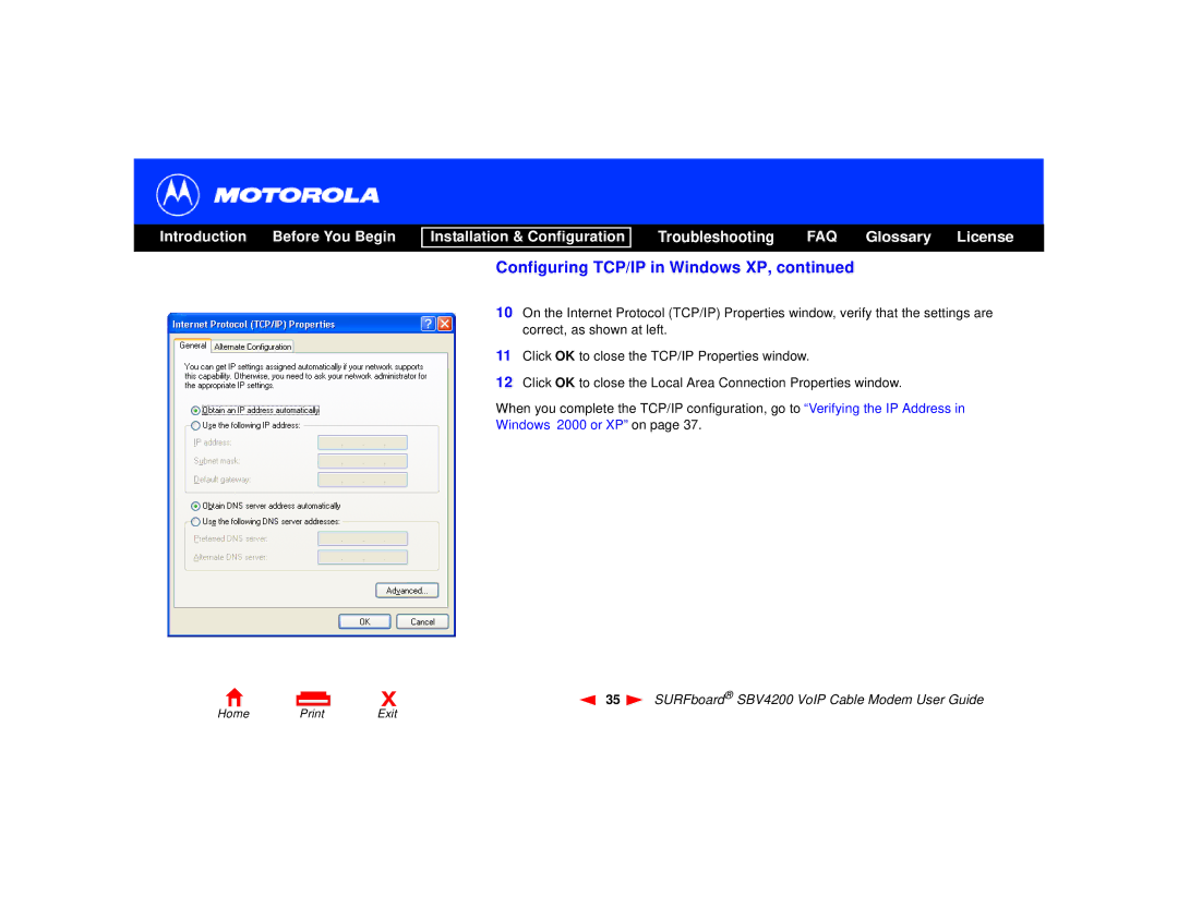 Motorola SBV4200 manual Configuring TCP/IP in Windows XP 