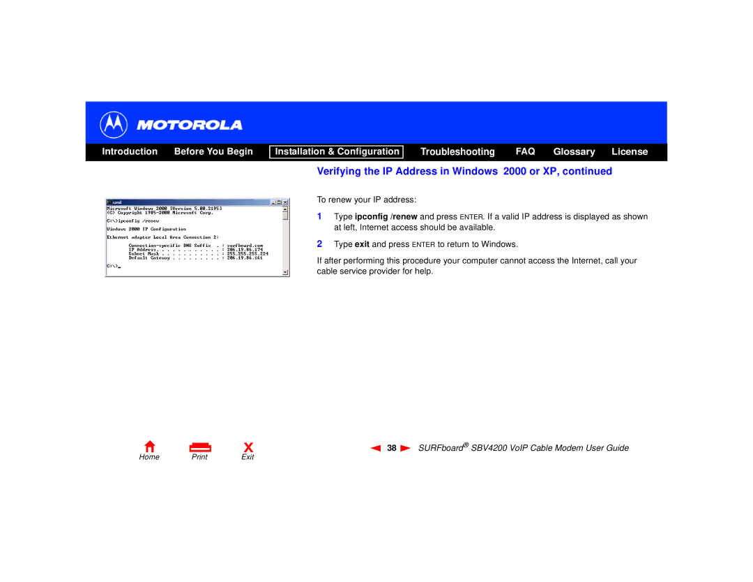 Motorola SBV4200 manual Verifying the IP Address in Windows 2000 or XP 