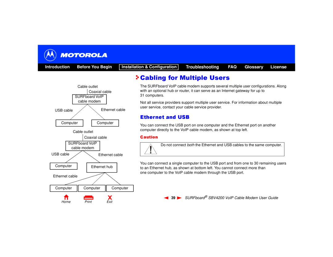 Motorola SBV4200 manual Cabling for Multiple Users, Ethernet and USB 