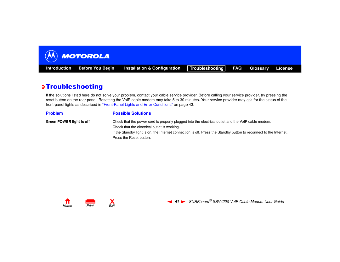 Motorola SBV4200 manual Troubleshooting, Problem Possible Solutions 