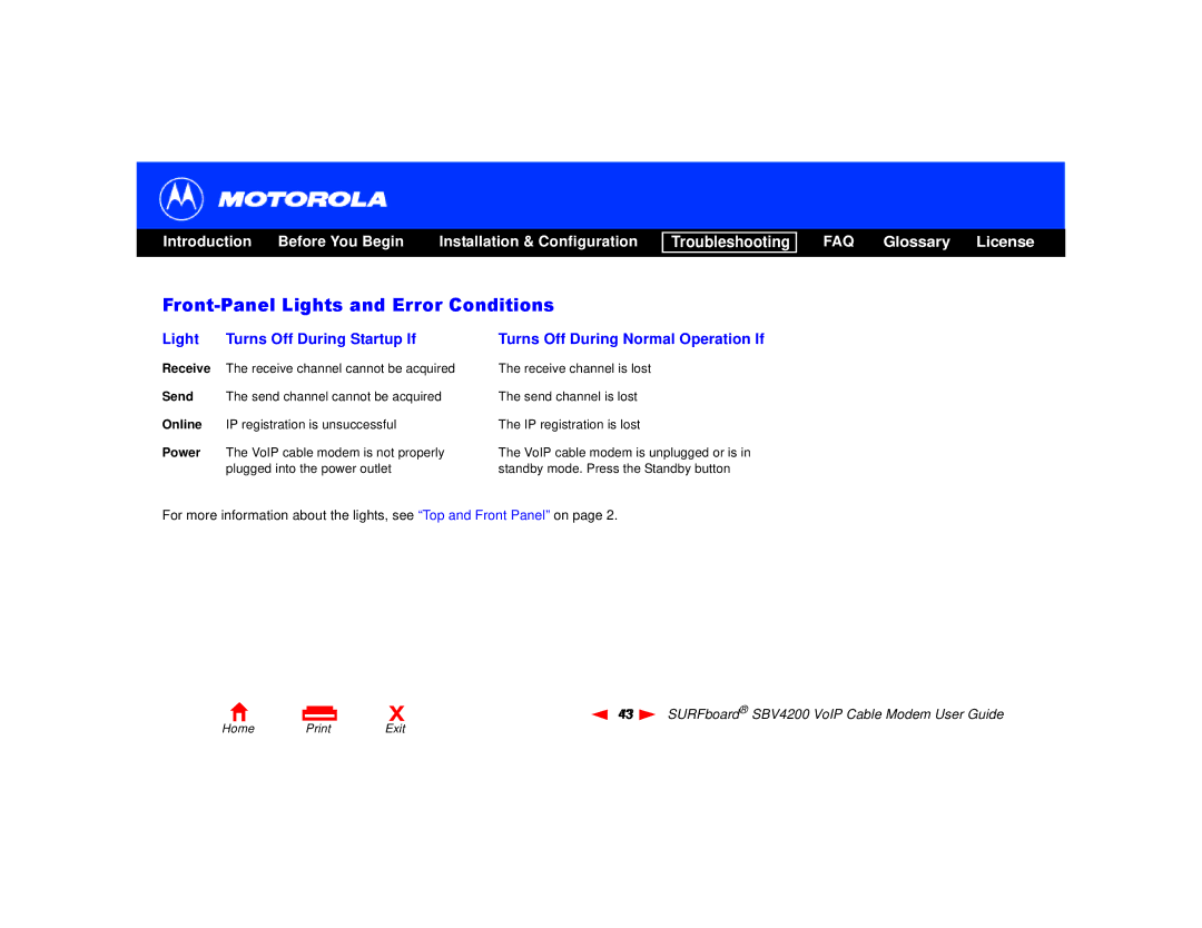 Motorola SBV4200 manual Front-Panel Lights and Error Conditions 