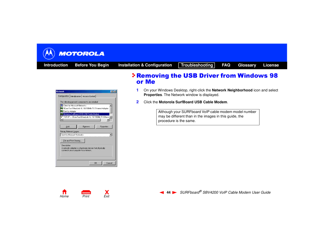 Motorola SBV4200 manual Removing the USB Driver from Windows 98 or Me, Click the Motorola SurfBoard USB Cable Modem 