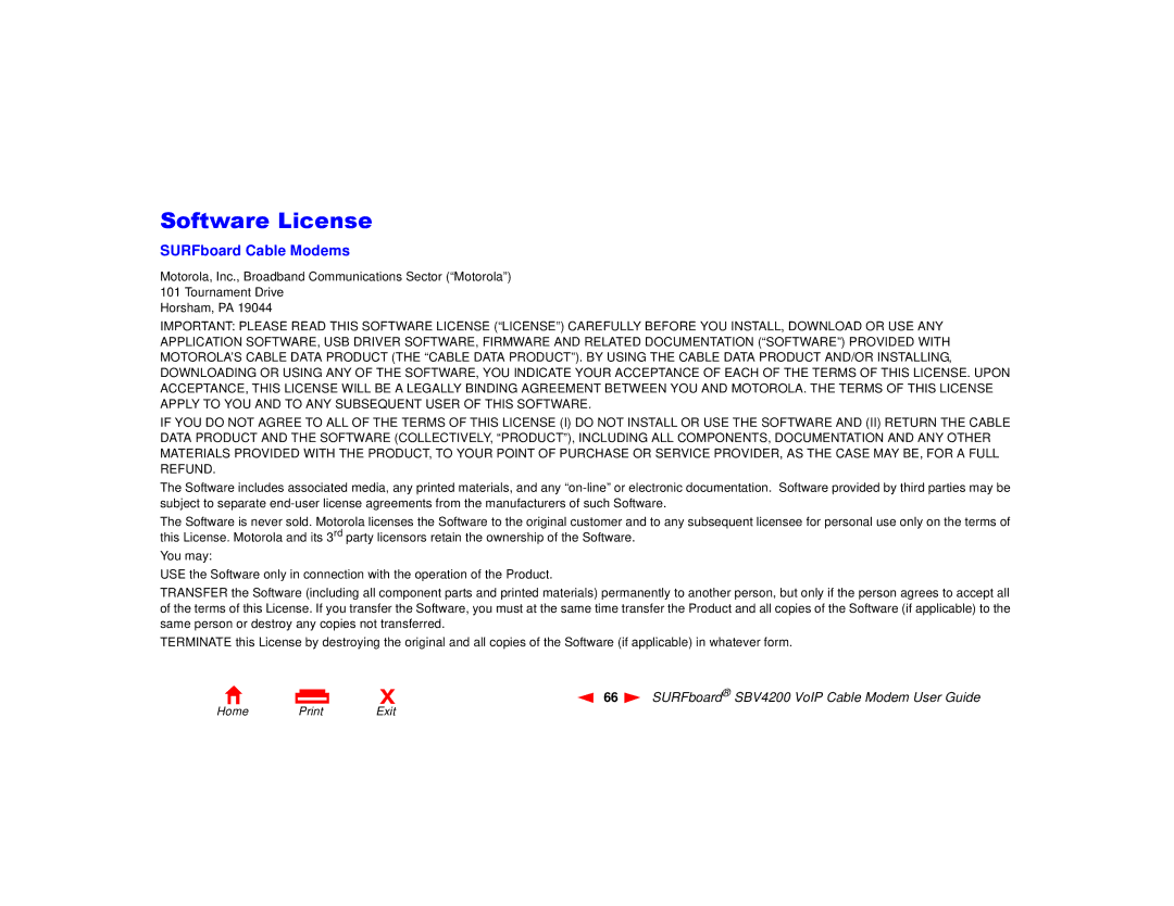 Motorola SBV4200 manual Software License, SURFboard Cable Modems 