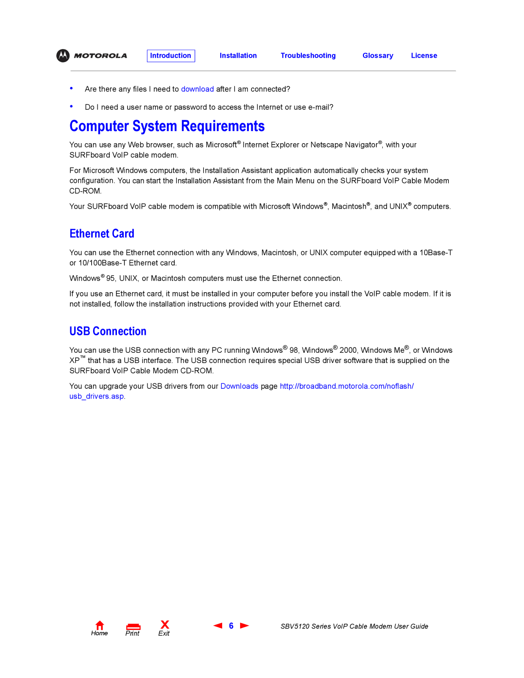 Motorola SBV5120 manual Computer System Requirements, Ethernet Card, USB Connection 