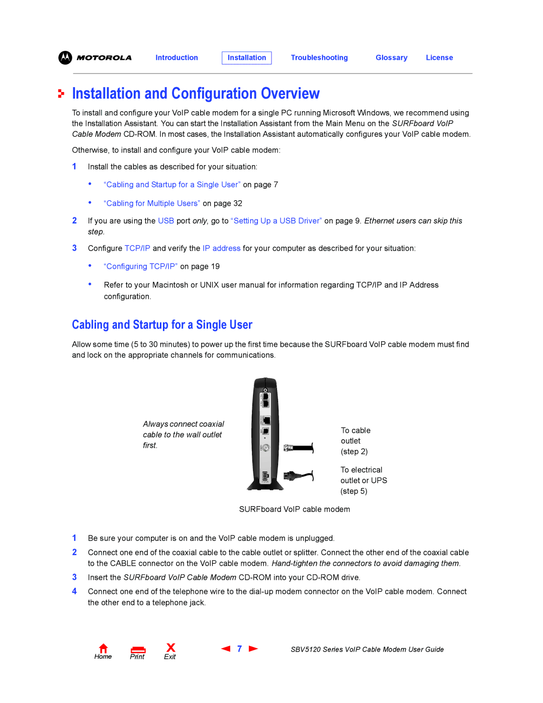 Motorola SBV5120 manual Installation and Configuration Overview, Cabling and Startup for a Single User 