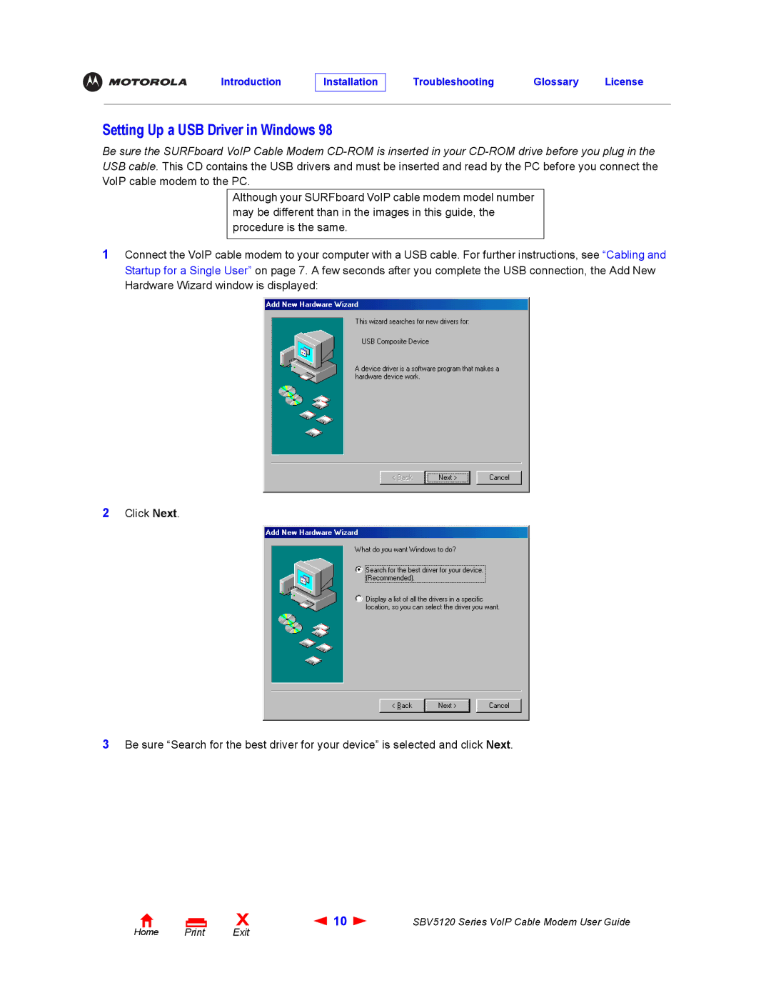 Motorola SBV5120 manual Setting Up a USB Driver in Windows 