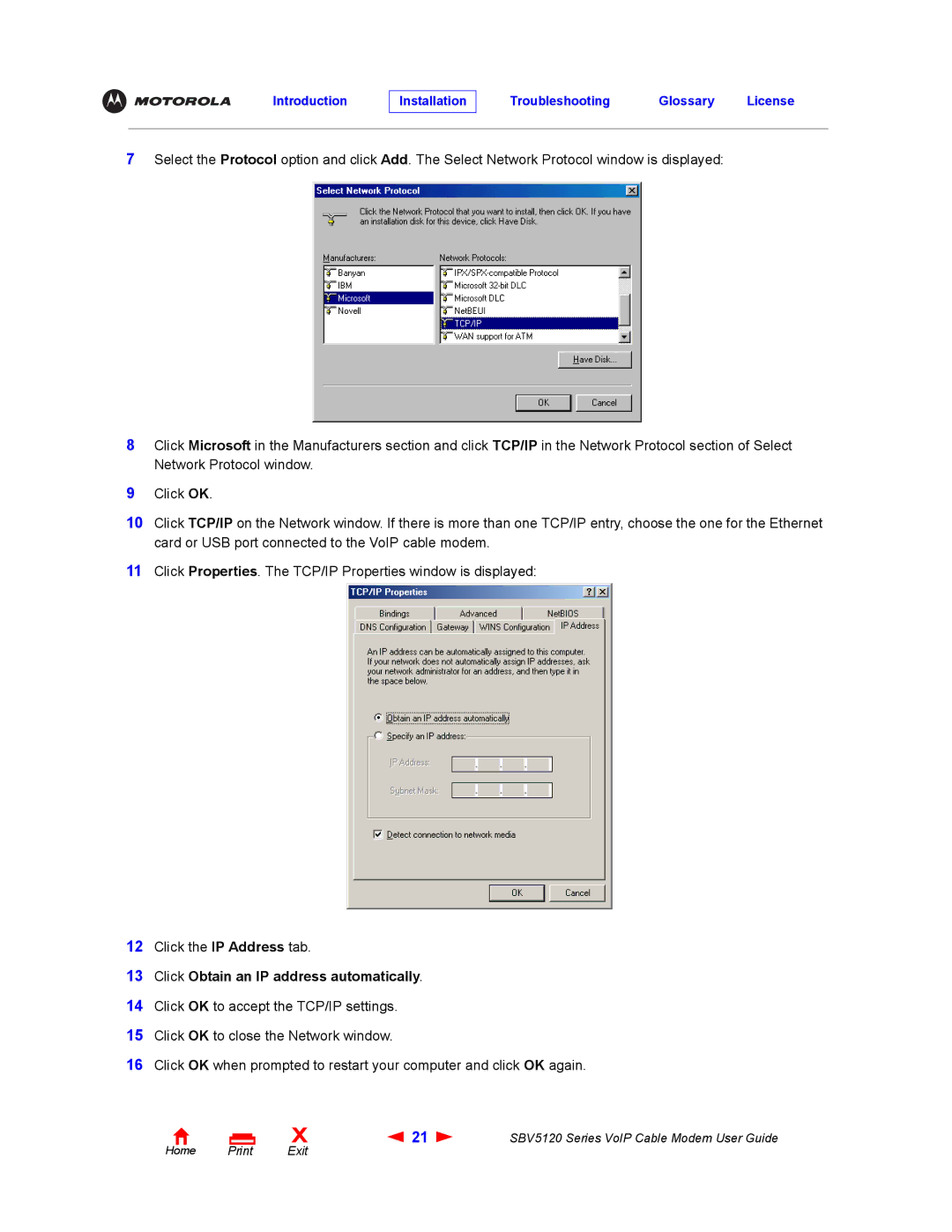 Motorola SBV5120 manual Click Obtain an IP address automatically 