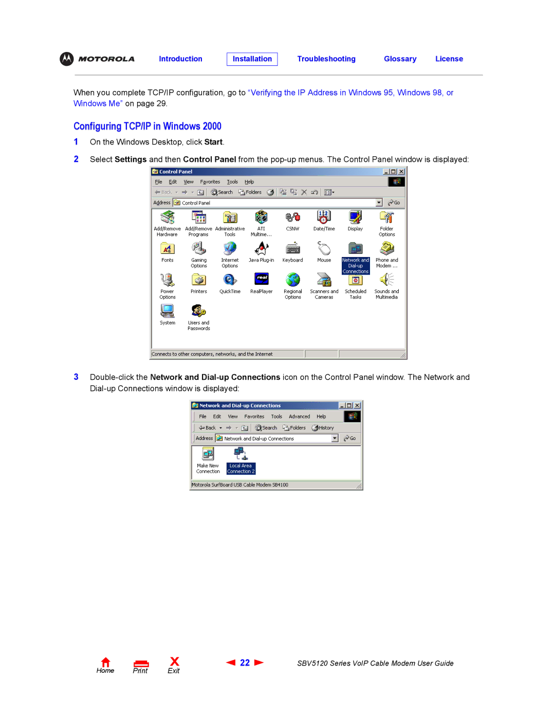 Motorola SBV5120 manual Configuring TCP/IP in Windows 