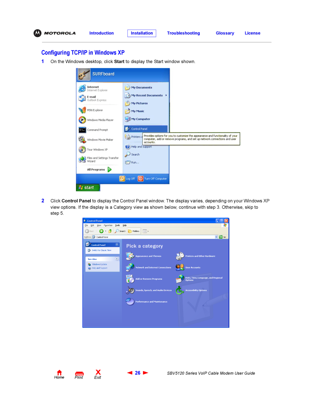 Motorola SBV5120 manual Configuring TCP/IP in Windows XP 