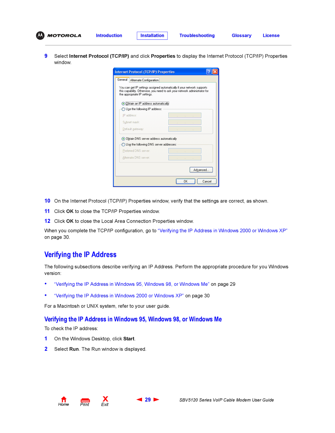 Motorola SBV5120 manual Verifying the IP Address 