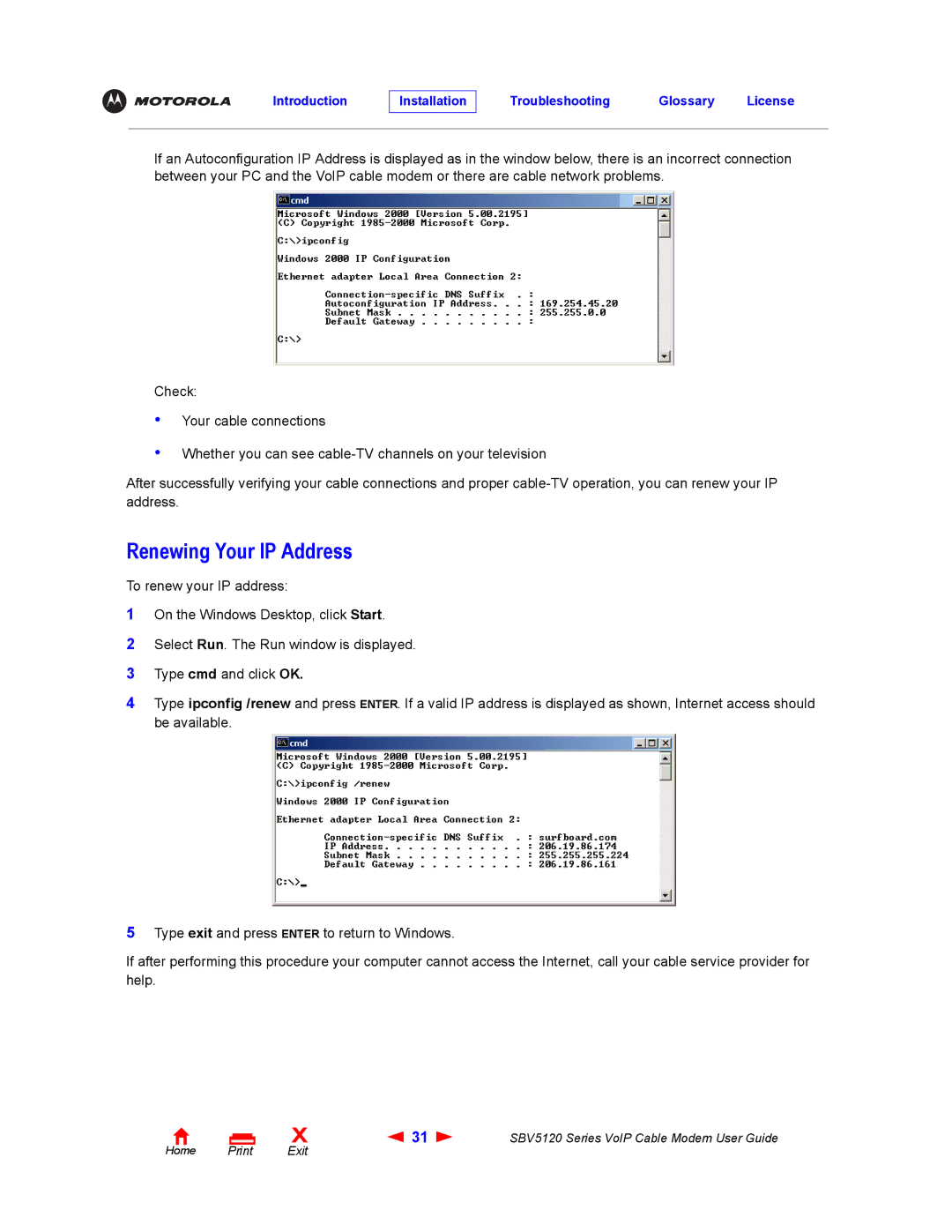 Motorola SBV5120 manual Renewing Your IP Address 